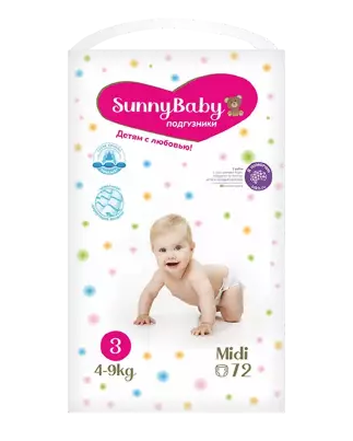 Sunnybaby Подгузники детские midi, 4-9 кг, 3 размера, 72 шт.