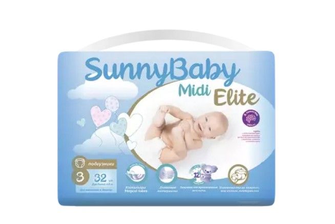 Sunnybaby Elite Подгузники детские midi, 4-9 кг, р. 3, с каналами Magical Tubes, 32 шт.