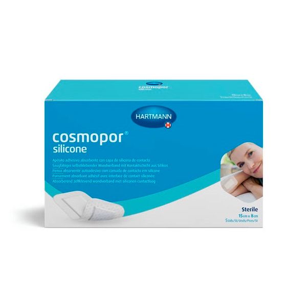 Cosmopor Silicone Повязка впитывающая пластырного типа, 15х8см, повязка стерильная, с контактным слоем из силикона, 5 шт.