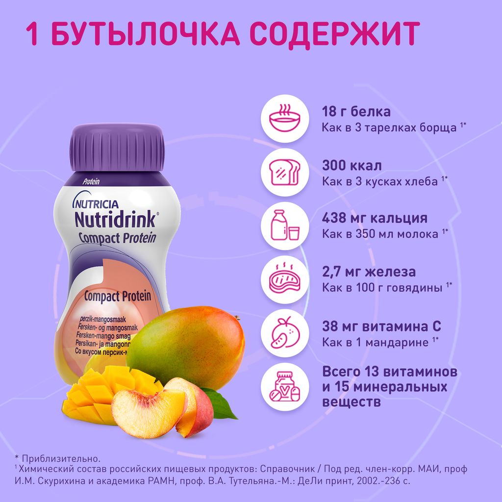 Nutridrink compact protein, жидкость для приема внутрь, со вкусом персик-манго, 125 мл, 4 шт.