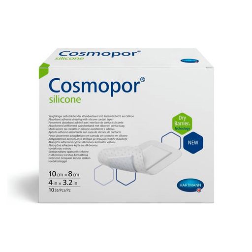 Cosmopor Silicone Повязка впитывающая пластырного типа, 10х8см, повязка стерильная, с контактным слоем из силикона, 10 шт.