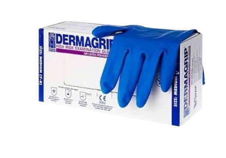 Перчатки смотровые латексные неопудренные Dermagrip High Risk, XL, перчатки синего цвета, нестерильная (ые, ый), 50 шт.