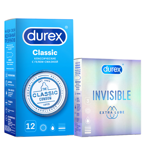 Презервативы Durex Набор, Classic 12 шт + Invisible Extra Lube 3 шт, 1 шт.