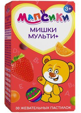 Мапсики Мишки Мульти плюс, для детей с 3х лет, пастилки жевательные, апельсин виноград клубника, 30 шт.