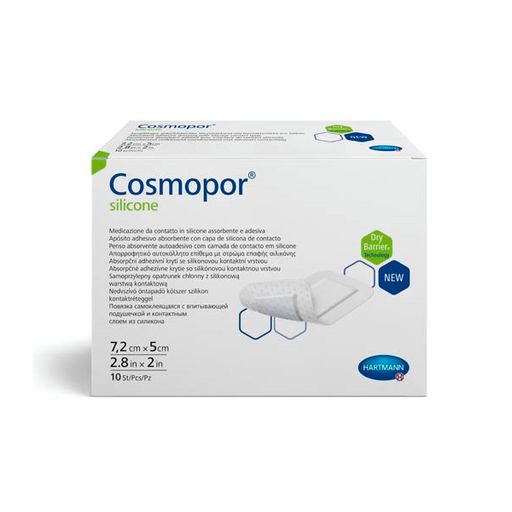 Cosmopor Silicone Повязка впитывающая пластырного типа, 7.2х5см, повязка стерильная, с контактным слоем из силикона, 10 шт.