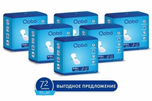 Оптио Прокладки урологические Мини, 2 капли, 6 пачек по 12 шт, 72 шт.