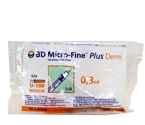 Шприц инсулиновый с несъемной иглой BD Micro-Fine Plus Demi U-100, 0.3 мл, 30G(0.30x8)мм, 10 шт.