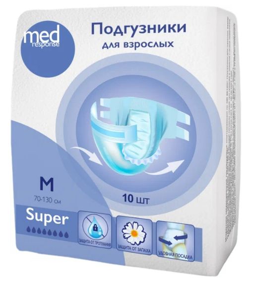 Medresponse Super Подгузники для взрослых, M, 70-130 см, 8 капель, 10 шт.